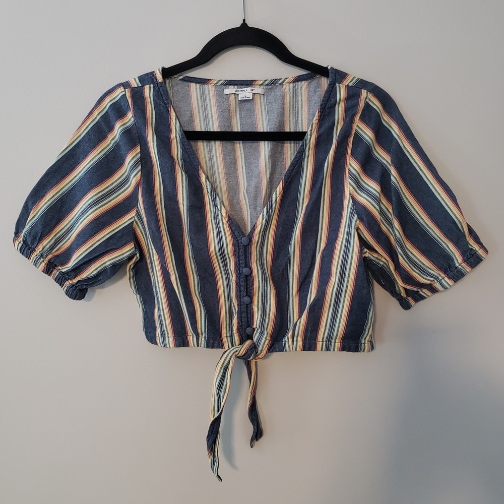 O'Neill Kaylee Tie Hem Striped Crop Top LARGE Coastal Cowgirl Western Boho Beach